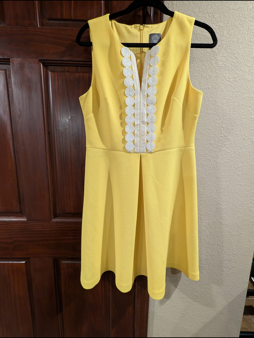 Vince Camuto Yellow Sleeveless Fit-and-Flare Dress with White Lace Trim